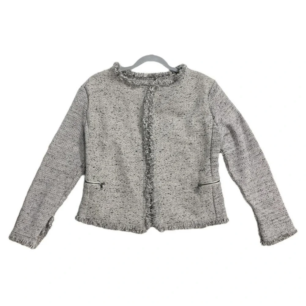 Nic&Zoe Grey tweed jacket with ruffle‎ trim and pockets